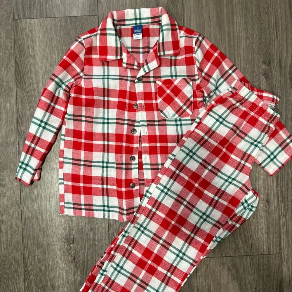 Old Navy Christmas Red, White & Green Plaid Boy Pajama Set
